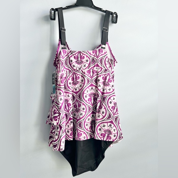Swim Solutions Women's Purple Printed Tiered Fauxkini One-Piece Swimsuit Size 10 - Picture 5 of 10